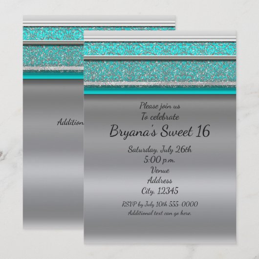 Aqua Turquoise Blue & Silver Sweet 16 Uitnodiginge Kaart (Voorkant / Achterkant)