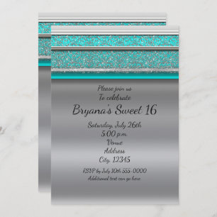 Aqua Turquoise Blue & Silver Sweet 16 Uitnodiginge Kaart