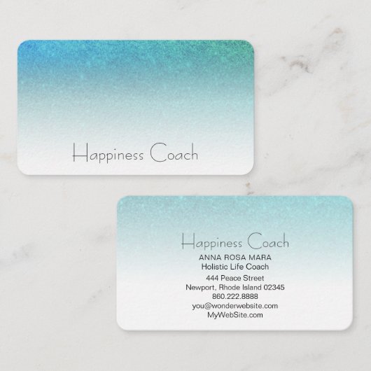 *~* AQUA TURQUOISE BLUE White Gradient Glitter Visitekaartje (Voorkant / Achterkant)