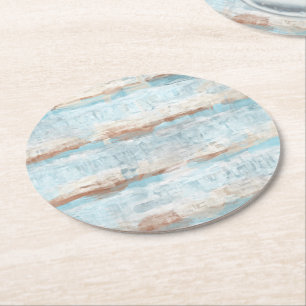 Aqua Turquoise Brown White Waterverf Stripes Art Ronde Kartonnen Onderzetter