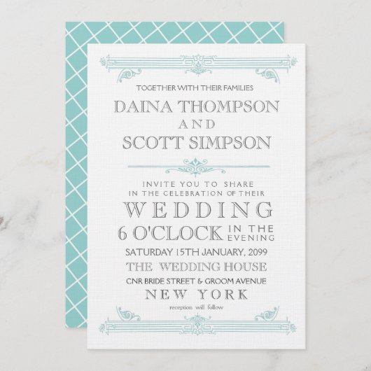  Aqua Turquoise Cross Hatch Wedding Invite Kaart (Voorkant / Achterkant)