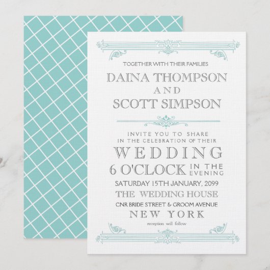Aqua Turquoise Cross Hatch Wedding Invite Kaart (Voorkant / Achterkant)