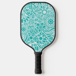 Aqua Turquoise en White Abstract Floral Hawaiian Pickleball Paddle