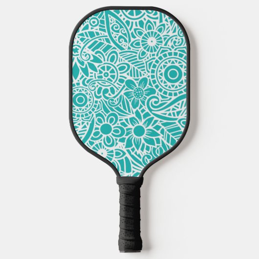 Aqua Turquoise en White Abstract Floral Hawaiian Pickleball Paddle (Voorkant)