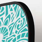 Aqua Turquoise en White Abstract Floral Hawaiian Pickleball Paddle (Links Detail)