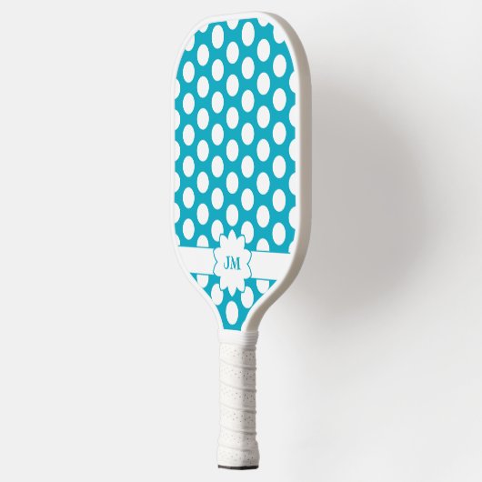 Aqua Turquoise en witte Polka Dot Monogram Pickleball Paddle (Links)
