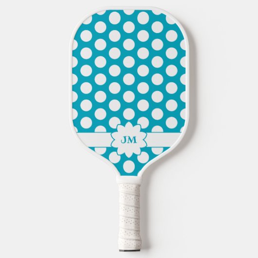 Aqua Turquoise en witte Polka Dot Monogram Pickleball Paddle (Voorkant)