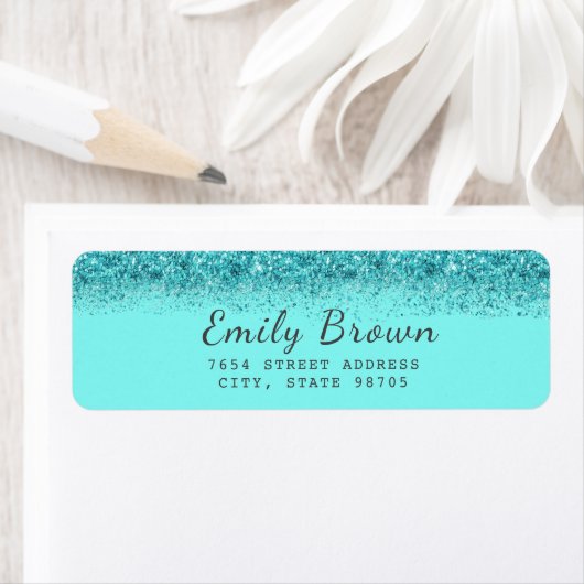 Aqua Turquoise Faux Glitter Return Address Label (Insitu)
