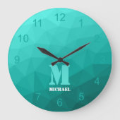 Aqua turquoise geometrisch mesh patroon Monogram Grote Klok (Voorkant)