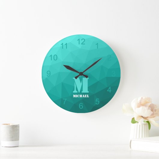 Aqua turquoise geometrisch mesh patroon Monogram Grote Klok (Huis)