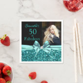 Aqua Turquoise Glitter Bow 50ste Verjaardag Foto Servet (Insitu)