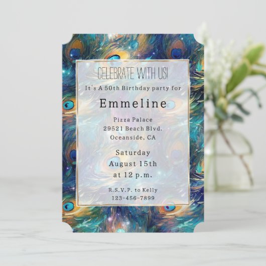 Aqua Turquoise Gold Peacock Feathers 50ste verjaar Kaart (Staand voorkant)