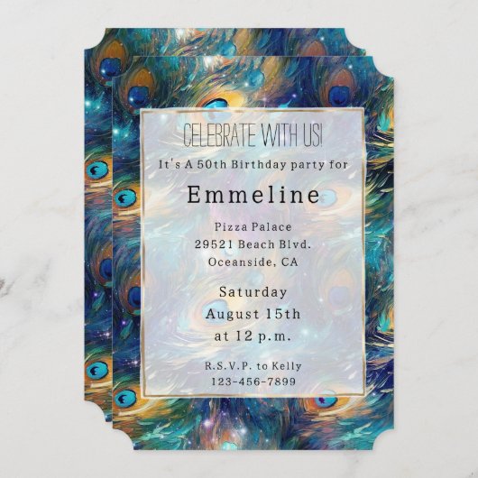 Aqua Turquoise Gold Peacock Feathers 50ste verjaar Kaart (Voorkant / Achterkant)