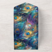 Aqua turquoise gouden pauwenveren all in one uitnodiging (Buitenkant)