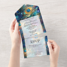 Aqua turquoise gouden pauwenveren all in one uitnodiging