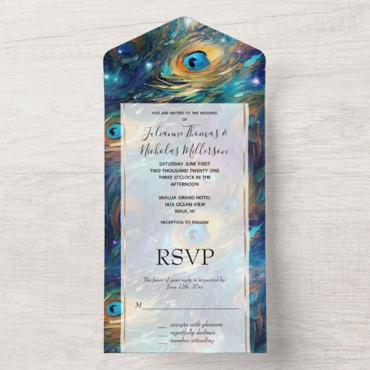 Aqua turquoise gouden pauwenveren all in one uitnodiging (Binnen)