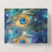 Aqua turquoise gouden pauwenveren all in one uitnodiging (Achterkant)