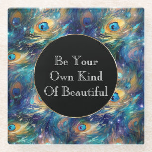 Aqua turquoise gouden pauwenveren glazen onderzetter