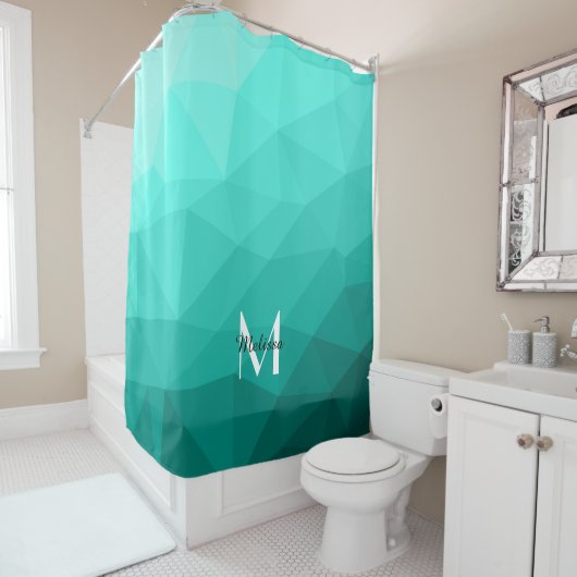 Aqua Turquoise Gradiënt Geometrisch Gaas Monogram Douchegordijn (In situ)
