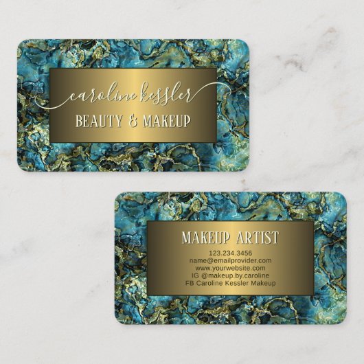 Aqua Turquoise Groen Blauwgroen Blauw Goud Marmerd Visitekaartje (Voorkant / Achterkant)