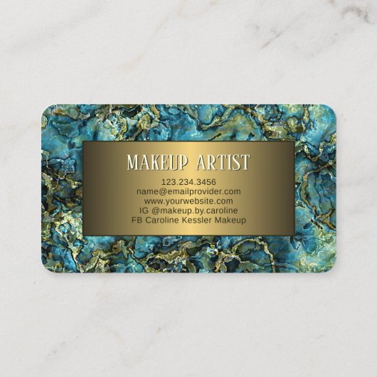 Aqua Turquoise Groen Blauwgroen Blauw Goud Marmerd Visitekaartje (Achterkant)