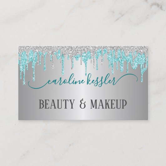 Aqua Turquoise Groen Zilver Glitter Sparkle Drip Visitekaartje (Voorkant)