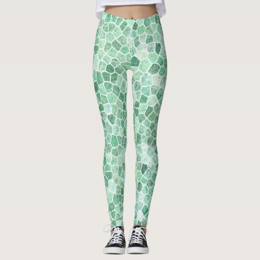 Aqua Turquoise Klinker Patchwork Terrazzo Patroon Leggings (Voorkant)