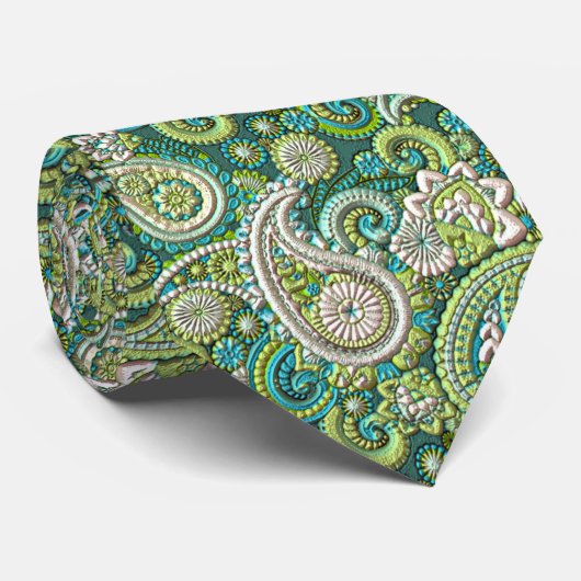 Aqua Turquoise Lime Green Paisley Floral Pattern Stropdas (Opgerold)