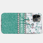 Aqua Turquoise Monogram Glitter Bloem Patroon Case-Mate iPhone Case (Achterkant (horizontaal))