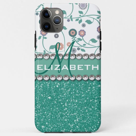 Aqua Turquoise Monogram Glitter Bloem Patroon Case-Mate iPhone Case (Achterkant)
