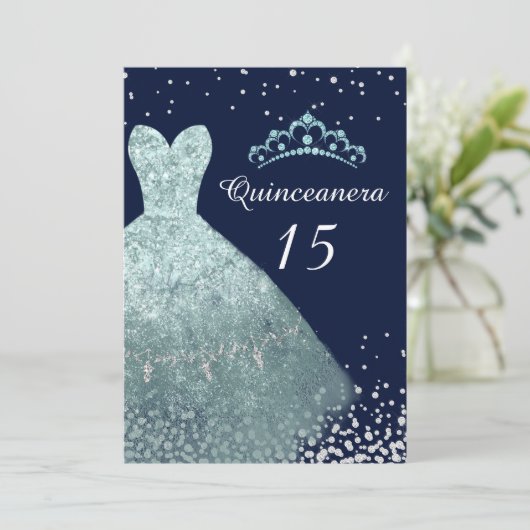 Aqua Turquoise Navy Blue Gown Quinceanera Party Kaart (Staand voorkant)