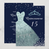 Aqua Turquoise Navy Blue Gown Quinceanera Party Kaart (Voorkant / Achterkant)