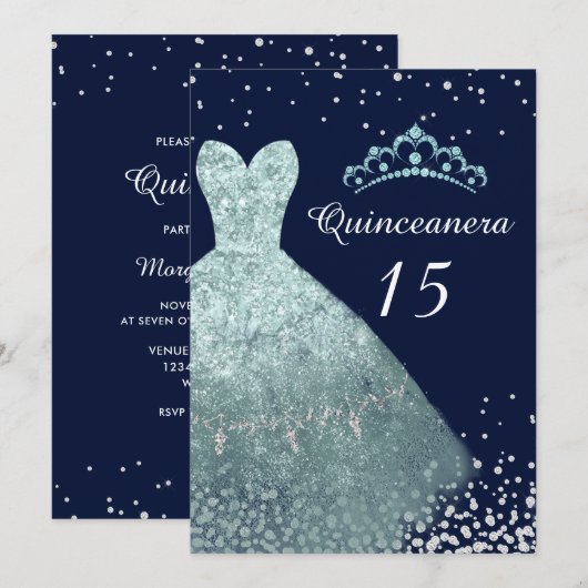 Aqua Turquoise Navy Blue Gown Quinceanera Party Kaart (Voorkant / Achterkant)