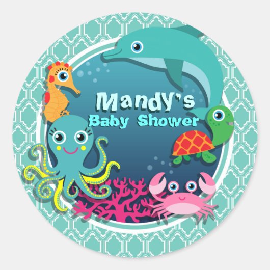 Aqua Turquoise Ocean Life Baby shower Ronde Sticker (Voorkant)