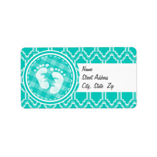 Aqua Turquoise Retro Baby Feet Baby shower Etiket