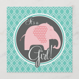 Aqua Turquoise Retro Baby Girl Elephant Shower Kaart