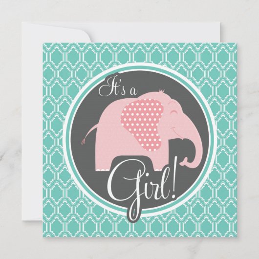 Aqua Turquoise Retro Baby Meisje Olifant Douche Kaart (Voorkant)