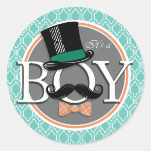 Aqua Turquoise Retro Funny Boy Baby shower Ronde Sticker