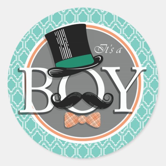 Aqua Turquoise Retro Funny Boy Baby shower Ronde Sticker (Voorkant)