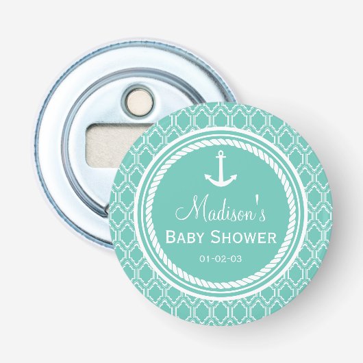 Aqua Turquoise Retro Nautical Anchor Baby shower Button Flesopener (Voorkant)