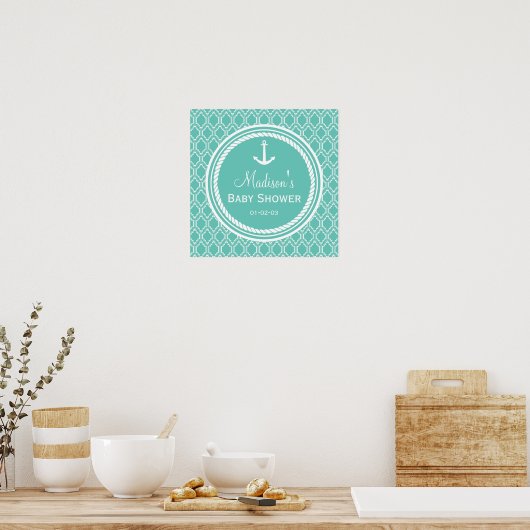 Aqua Turquoise Retro Nautical Anchor Baby shower Poster (Keuken)