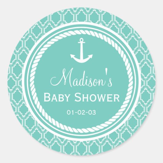 Aqua Turquoise Retro Nautical Anchor Baby shower Ronde Sticker (Voorkant)
