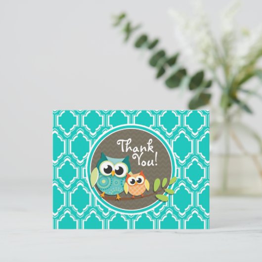 Aqua Turquoise Retro Uilen Baby shower Briefkaart (Staand voorkant)