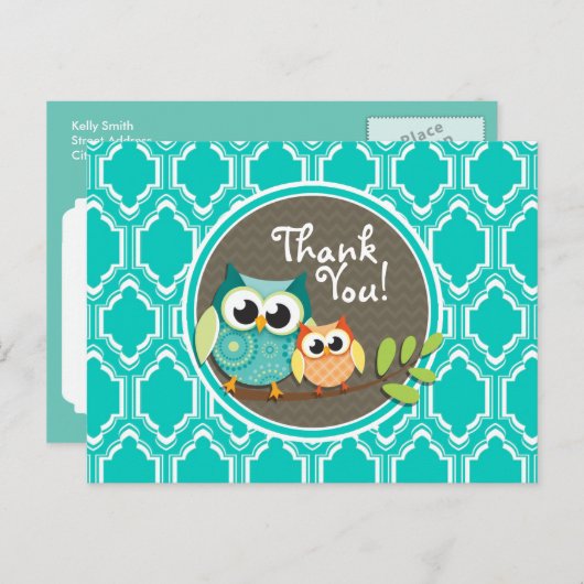 Aqua Turquoise Retro Uilen Baby shower Briefkaart (Voorkant / Achterkant)