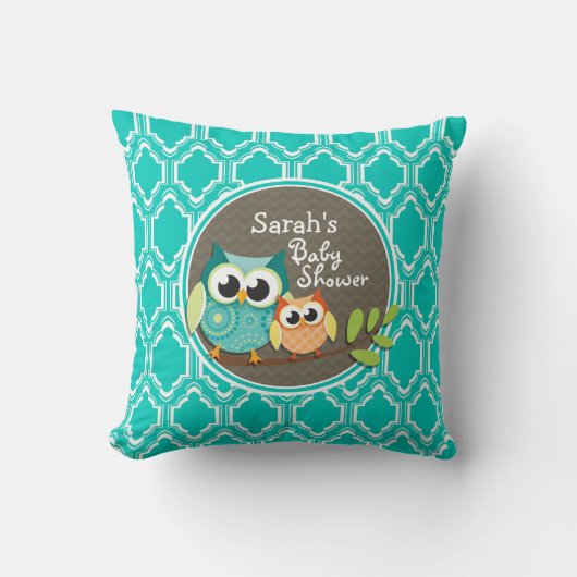 Aqua Turquoise Retro Uilen Baby shower Kussen (Voorkant)