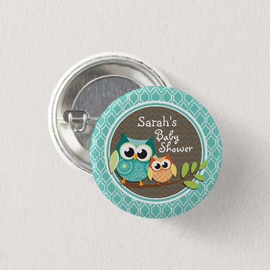 Aqua Turquoise Retro Uilen Baby shower Ronde Button 3,2 Cm (Voorkant /achterkant)
