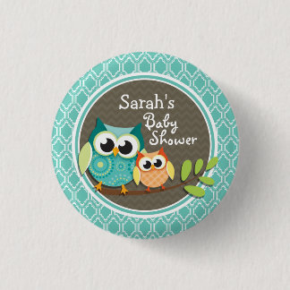 Aqua Turquoise Retro Uilen Baby shower Ronde Button 3,2 Cm