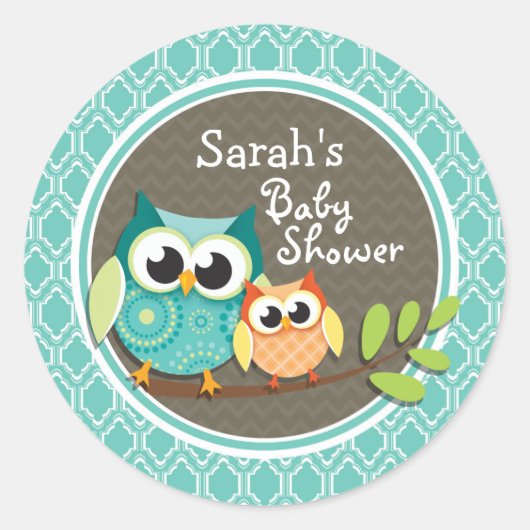Aqua Turquoise Retro Uilen Baby shower Ronde Sticker (Voorkant)