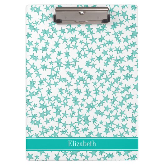 Aqua Turquoise Stars White BG, Blauwgroen naam Mon Klembord (Voorkant)
