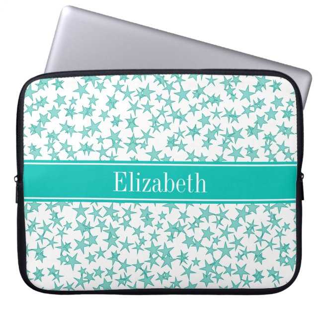 Aqua Turquoise Stars White BG, Blauwgroen naam Mon Laptop Sleeve (Voorkant)